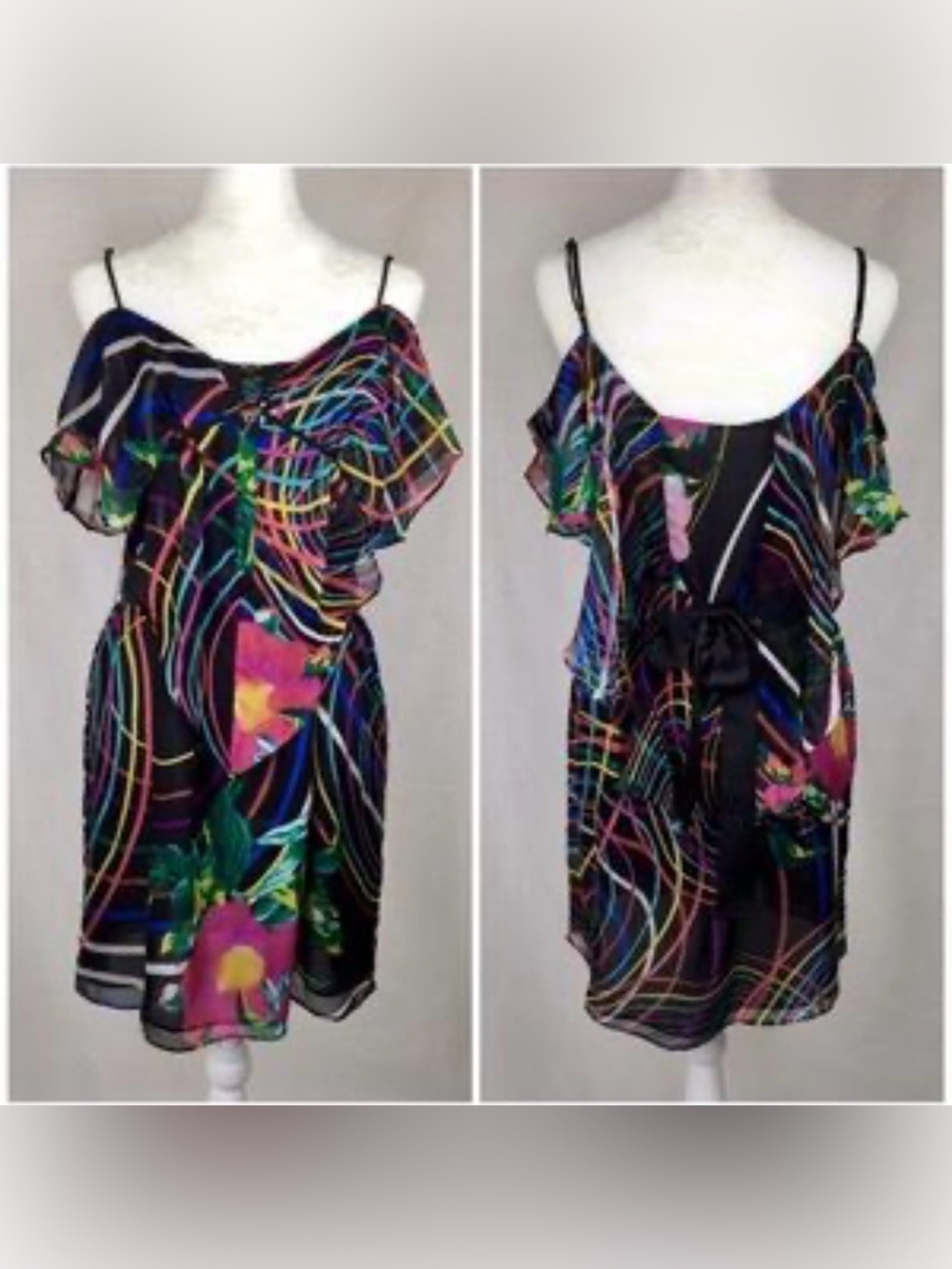 100% Silk Mini Dress Abstract Ark & Co Multicolor Ruffled Chiffon Whimsical Fun - Picture 2 of 16